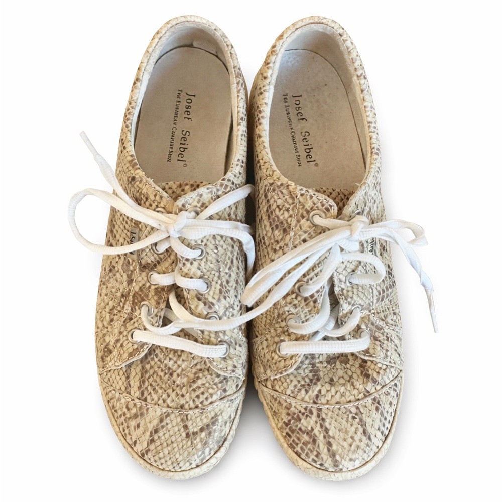 Josef Seibel Snake Print Leather Lace Up Sneakers Beige Tan 7.5